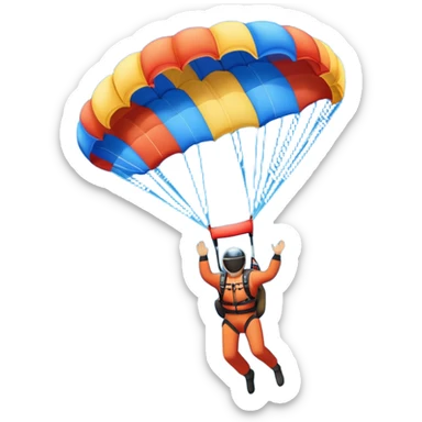 Colorful emoji. A skydiver free-falling through the sky, with a brightly colored parachute open above them. The background features a vast blue sky dotted with fluffy clouds, birds soaring nearby, and a plane flying off in the distance, emphasizing the thrill and freedom of the sport. sticker