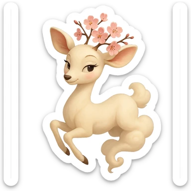 Pixar style graceful feminine vanilla cloud doe, rosy cheeks, cherry blossom head, floating elegantly, confident charming presence, subtly alluring but not explicit sticker