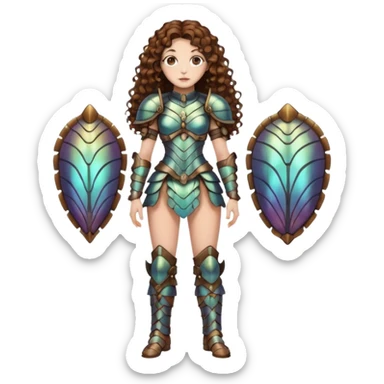 full body woman long curly brown hair brown eyes white skin tattoos beetle shell armor couture, iridescent plates, confident stance sticker