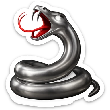Add glowing white eyes and a glowing red tongue to the chrome snake, maintaining the shiny metallic look and the same pose. sticker