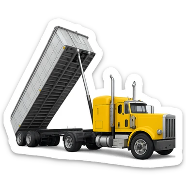 long silver end dump trailer hooked to yellow semi sleeper truck, trailer in dump position, clear and bold, no background sticker