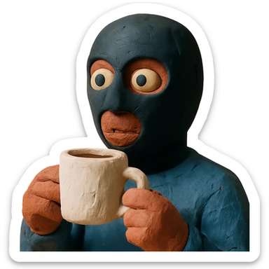 claymation style man's face with a black full mask drinking coffee sticker