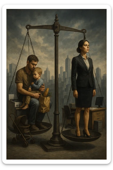 Scena metaforica: una bilancia sociale sbilanciata, con un uomo seduto da un lato con un bambino in braccio e una borsa della spesa, mentre una donna in carriera in abiti formali guarda lontano con espressione determinata. Intorno a loro, simboli confusi dei ruoli tradizionali (fornello, scrivania, passeggino, ufficio). Sullo sfondo, una città moderna e caotica. L’atmosfera è riflessiva, non giudicante. Luci contrastate, come a simboleggiare tensione culturale. in italiano sticker