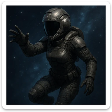 female space warrior in a strengthened helmet with a black visor, tactical armor, floating in zero gravity, reaching forward, EVA operation, sci-fi style sticker
