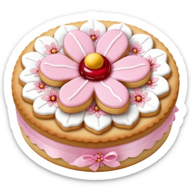 Realistic shortbread cookie in the shape of a cherry blossom with pale pink color jelly middle filling and sprinkled powder sugar on top. sticker