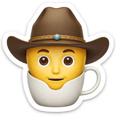 cowboy coffee cup with yellow face and cowboy hat sticker