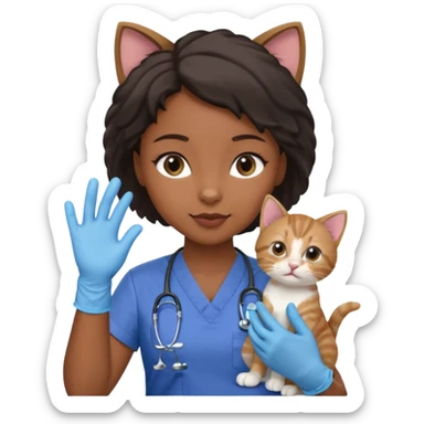 Young black female vet – scrubs, gloves, examining kitten. sticker