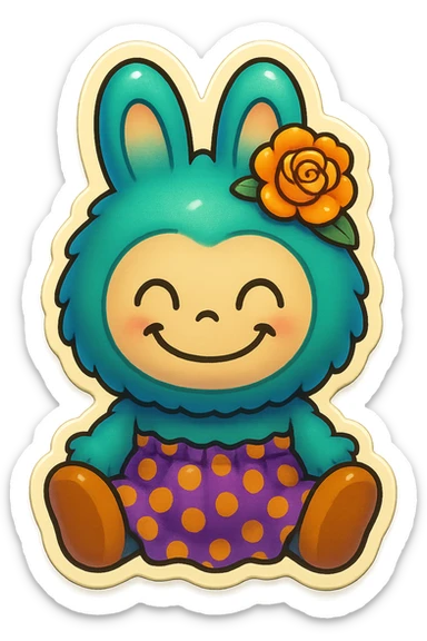 Change the teal bunny character's face to a happy, wide smile with closed eyes, keeping the same retro stickers style. sticker
