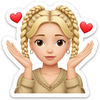 Blond woman with braids with her hands together in a thank you gesture and thinking hearts  sticker
