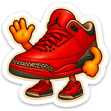 Add yellow cartoon arms and legs in the same style as the green Air Jordan 3 emoji character to the red Air Jordan 3 emoji character. Keep the University Red, Black, and Cement Grey colors consistent with the original style. sticker