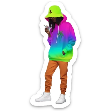 Hemp leaves Multicoloured neon person smoking wearing hoodie dancing hip hop bucket hat tropical Skater fashion aesthetic baggy clothes graphic t shirt 420 sticker