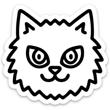 grey fluffy mischievous cat face with green eyes, outlined icon style sticker