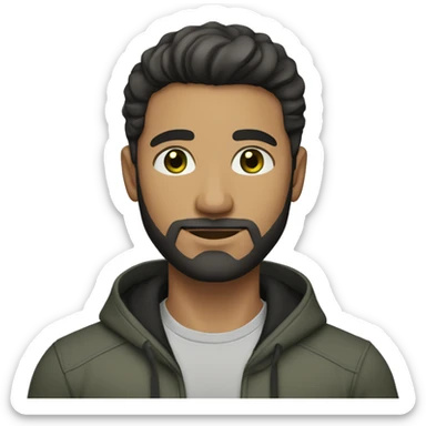 a light brown-skinned man with short, thick straight hair that is mostly black with a little gray, green eyes and a black beard sticker