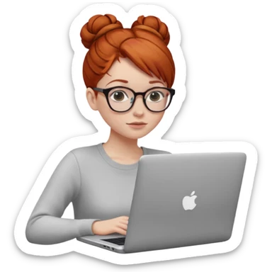 hair in a bun redhead female with glasses focused on a laptop sticker