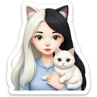 black hair girl with white British Longhair cat sticker
