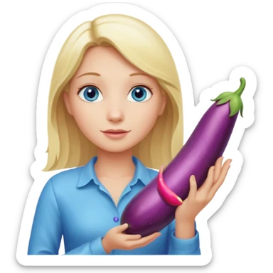 Blonde long hair girl, blue eyes, holding a long eggplant with both hands sticker