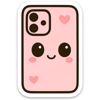 Remove any purse or purse-matching elements. Focus only on a pink and black gothic phone case in kawaii style with big eyes, heart accents, smiling, playful. No purse references. No background. sticker