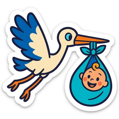 stork flying with a human baby in a bundle, vibrant toon style sticker