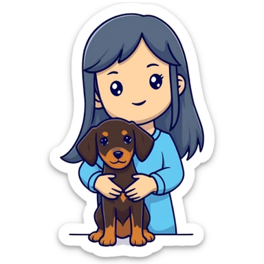Black long-haired girl holding Doberman sticker