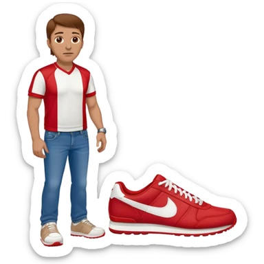 Football coach wearing red and white sneakers with jeans and brown hair sticker