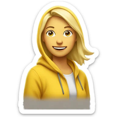 A 30-year-old blonde woman in a yellow hoodie smiles and shows emoji a ‘Face with Diagonal Mouth’  sticker