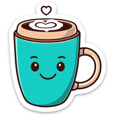 smiling hot coffee cup with heart-shaped steam, mocha brown tones, kawaii soft hand-drawn sticker