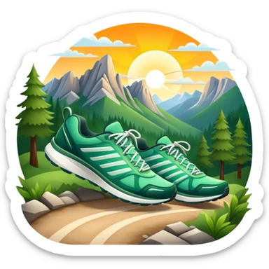 A dynamic icon featuring a pair of running shoes in motion on a scenic trail, surrounded by trees and mountains. The background shows a sunrise, symbolizing energy and passion for running. Transparent background enhances the focus on movement and the joy of outdoor jogging. sticker