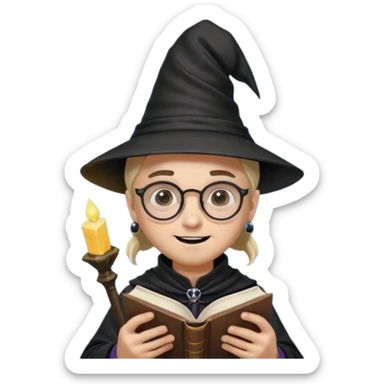 A happy boy with light skin, ponytail, wearing a wizard hat and square glasses, dressed in goth fashion, is reading a book while holding a phone. sticker