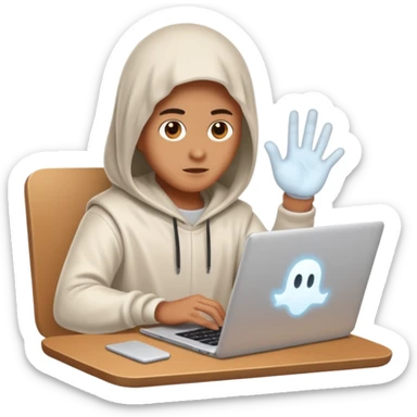Create an emoji where an ungender person sits in front of the desk, designing ghost characters on laptop. Please refer to the attached image for ghost characters. sticker