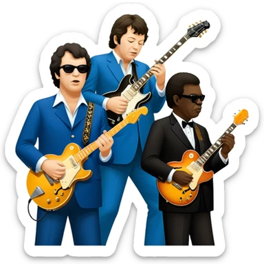 Icon for Blues Music: close-up collage of legendary blues artists. Gary Moore, Eric Clapton, B.B. King and Joe Cocker. Represented by silhouettes or symbolic items like guitars, microphones, or music notes, reflecting the soulful energy of blues music. Transparent background. sticker
