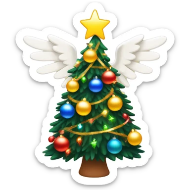 Warm toned Christmas tree with primary coloured Christmas lights around the tree, tinsel around the tree, and an angel on top of the tree sticker