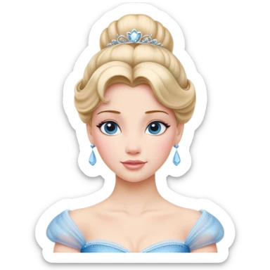 Cinematic Realistic Cinderella Portrait, depicted with lifelike skin texture, subtle rosy undertones, and soft natural lighting that enhances the gentle contours of her face. Her intricately detailed golden blonde hair is elegantly styled in an updo, with delicate wisps framing her face for added realism. Her deep, expressive blue eyes radiate warmth and sincerity, reflecting a quiet resilience and grace. She is dressed in her iconic ball gown, the fabric shimmering with intricate embroidery and fine translucent layers that catch the light beautifully. The soft sheen of satin gloves and the delicate sparkle of a glass-like slipper peeking from beneath her dress add a touch of magical realism. The portrait features an enchanting glow with a natural, luminous finish, seamlessly blending realism and fairytale charm to evoke a sense of depth, elegance, and timeless beauty. sticker