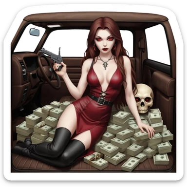 Lilith red eye seductress evil long brown haired sexy succubus woman with leather long dress with slit on, sitting in Big Large F350 pickup truck. Back seat full of stacks of cash, she is  Holding a human skull of her enemies and a gun in other hand sticker