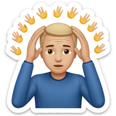 An overwhelmed man touching his forehead with his hands. sticker