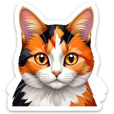 cinematic-noble-calico-cat-portrait-emoji,-poised-and-regal,-with-a-striking-patchwork-fur-in-vibrant-orange,-black,-and-white-hues,-delicate-whiskers-and-a-refined,-focused-gaze,-simplified-yet-exquisitely-detailed,-glowing sticker