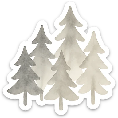 logo style illustration of evergreen trees in folk art style, dark neutral color tones, watercolor texture, transparent background, suitable for favicon sticker