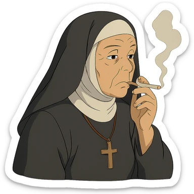 ghibli style nun smoking a cigarette sticker