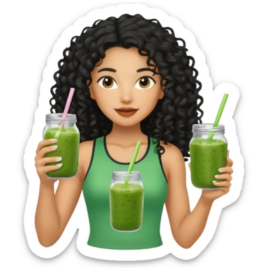 Mixed-race athletic woman with caramel skin, long black curly hair, holding a glass jar of green smoothie, pastel background sticker
