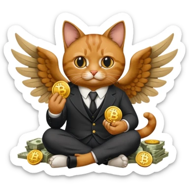 cat wings mafia corleone sitting on money, bitcoin BTC on hand sticker