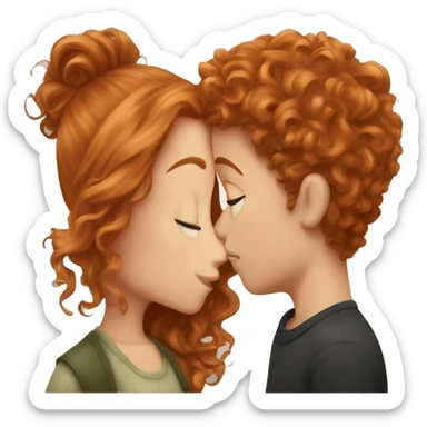 ringlet ginger hair girl kissing brown messy hair boy with lents sticker