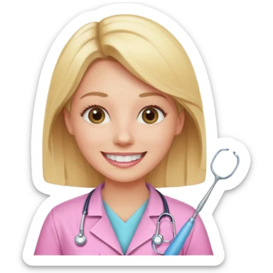 dentista mulher, loira, pele branca, camisa rosa, sorrindo transmitindo verdade e confiança sticker