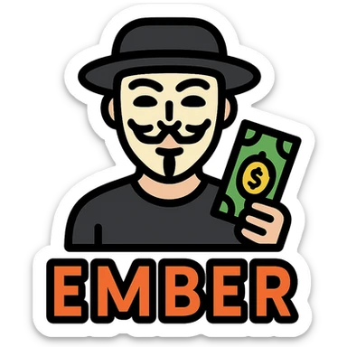 A man in black clothes with an Anonymous mask, holding money, ember text sticker