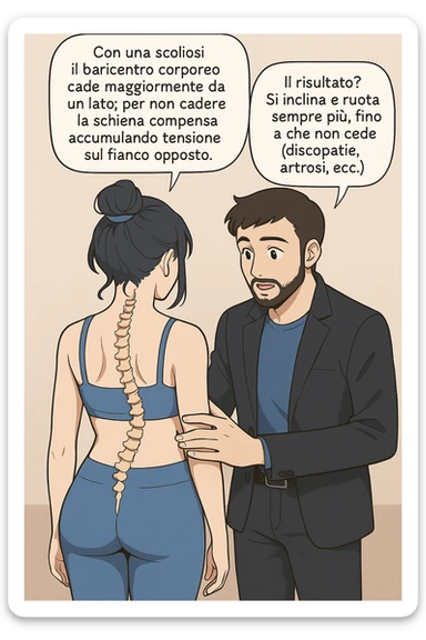 fai questa immagine in versione manga/webtoon a colori, il manga mostra la donna di spalle, mentre l'uomo le tocca la spina dorsale per spiegarle come funziona la scoliosi:
Con una scoliosi il baricentro corporeo cade maggiormente da un lato; per non cadere la schiena compensa accumulando tensione sul fianco opposto.
Il risultato? Si inclina e ruota sempre più, fino a che non cede (discopatie, artrosi, ecc) sticker