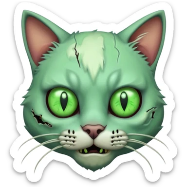 zombie cat portrait, head and shoulders only, pale fur, cracked skin patches, eerie glowing eyes, mischievous undead vibe, 3D cartoon, mobile game icon style, clean background, no text, no watermark
 sticker