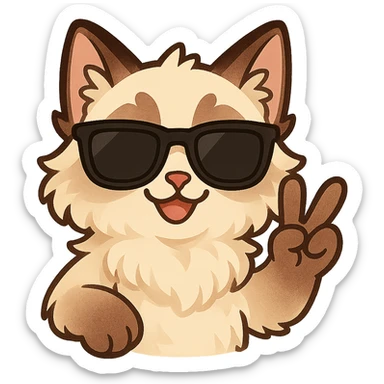 Add cool sunglasses to the ragdoll cat throwing a peace sign, keep the chibi sticker style, no background. sticker
