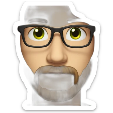 A serious and young guy with long, slightly wavy brown hair, green eyes, fairly thin black glasses and a fairly thin and small beard sticker