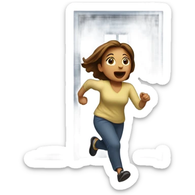 Woman running out a door sticker