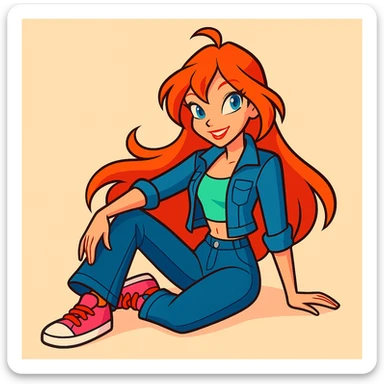 Bloom from Winx Club in casual clothes, relaxed pose, vibrant toon style, no fairy wings, modern fashion, friendly expression sticker