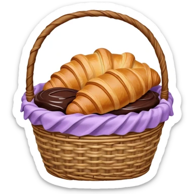 There is a croissant with chocolate syrup in a wicker pale purple basket. sticker