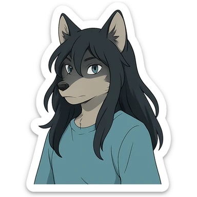 anime style wolf furry character with blue eyes, long black hair, wearing a light blue shirt sticker